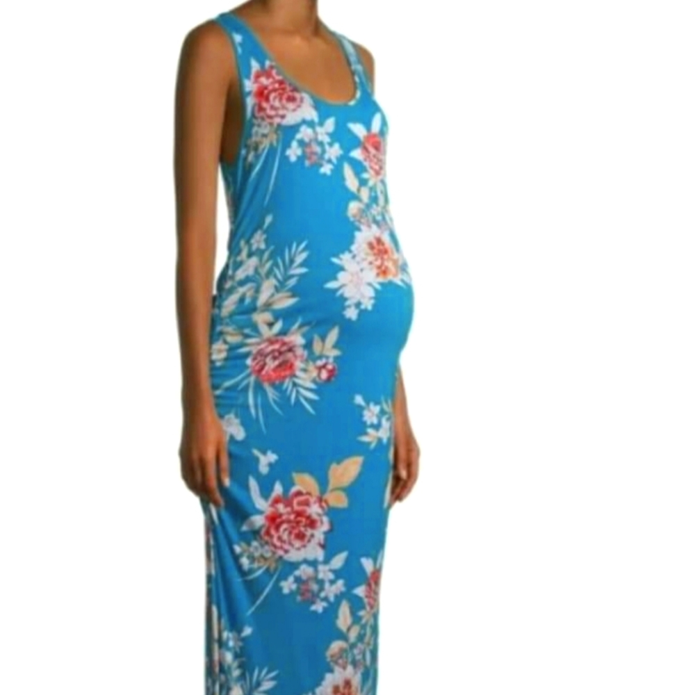 Maternity Maxi Dress Womens Small Blue Floral Knit Time & Tru Sleeveless